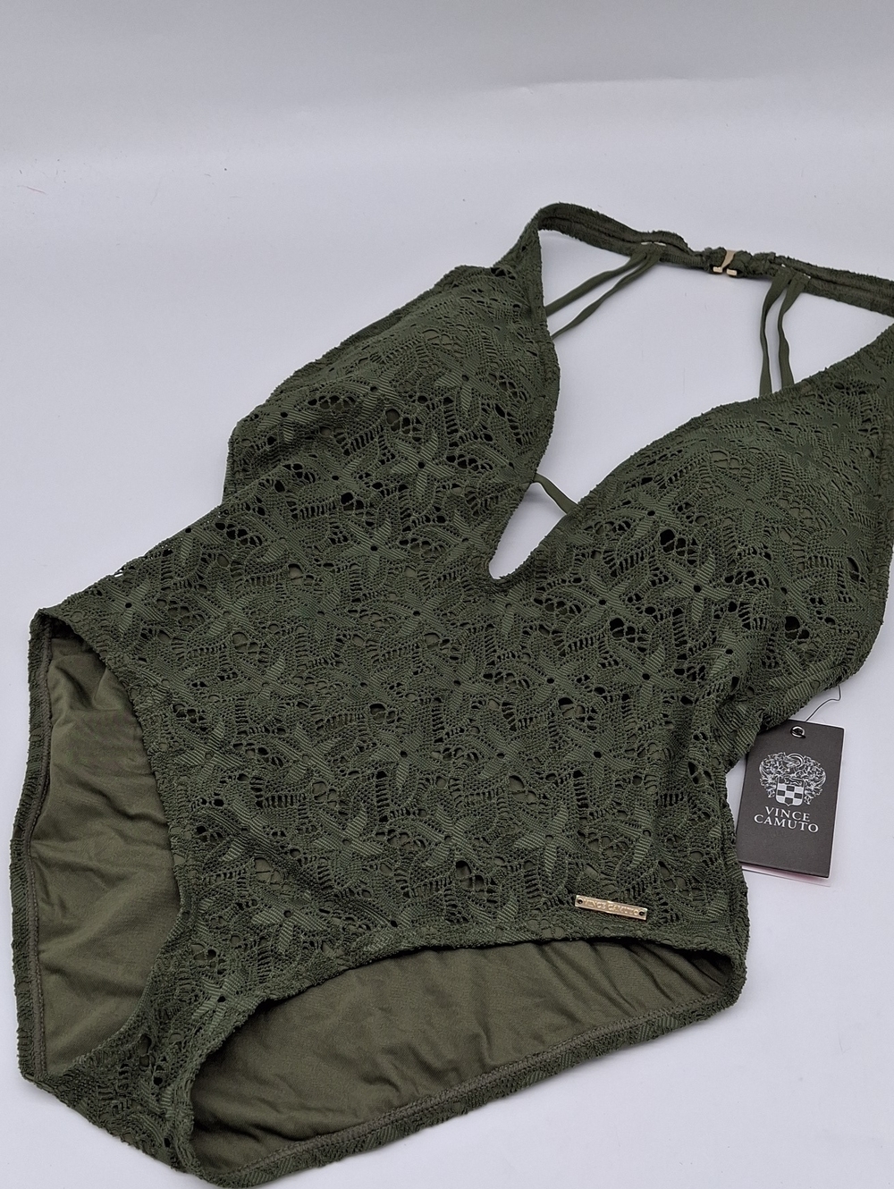 Vince Camuto Crochet Plunge One-Piece Swimsuit Safari Green 14
